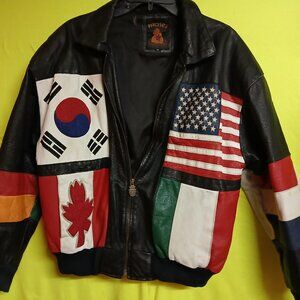 Vintage 90's Leather Jacket Very Rare International Flags Patches USA America